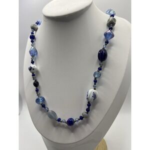 Vintage Blue Art Glass Beaded Necklace White Ceramic Floral Boho Cottagecore